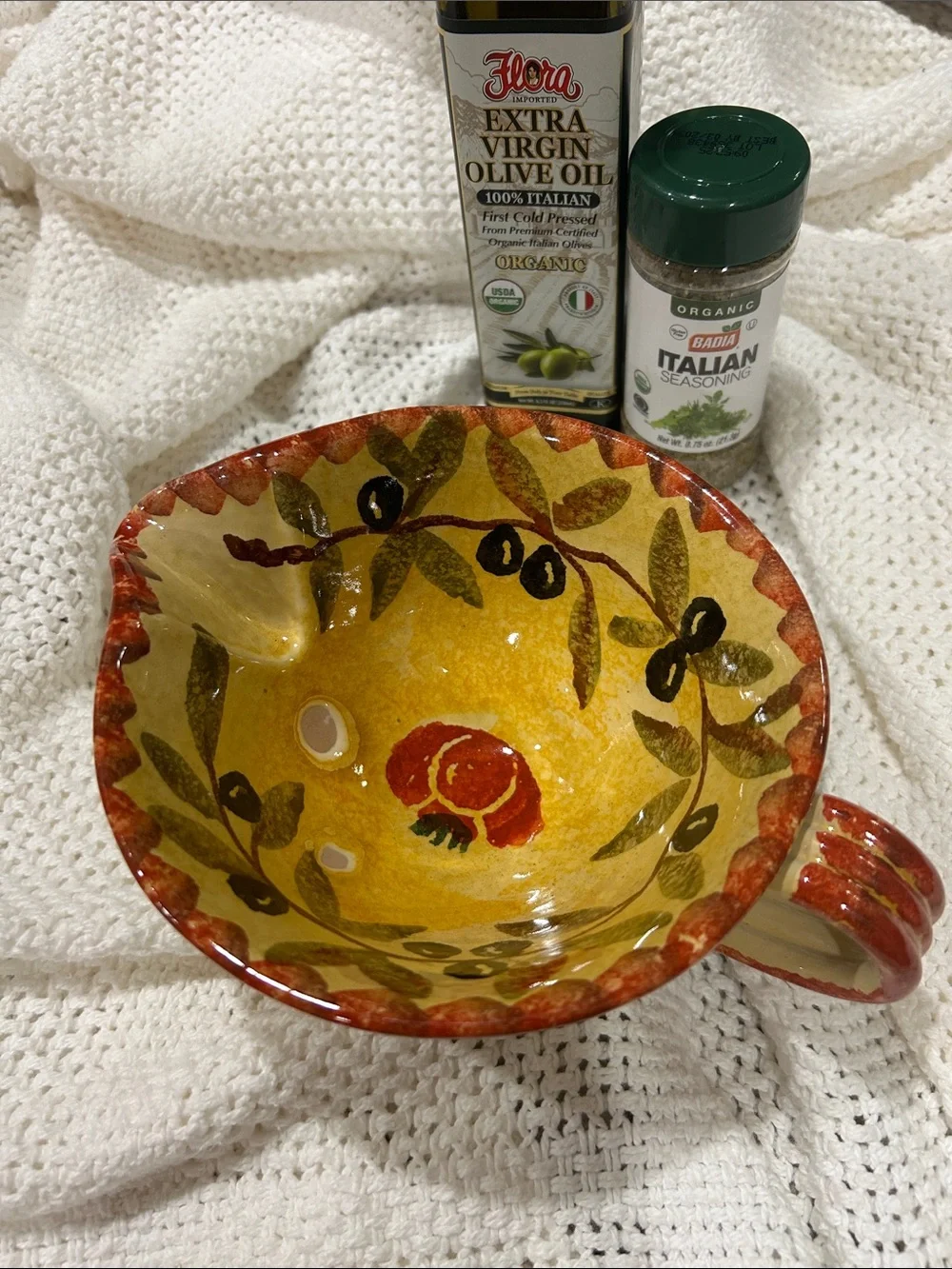 Italian Ceramic Dish with Pour Spout Handpainted in Italy Tomato and Olive